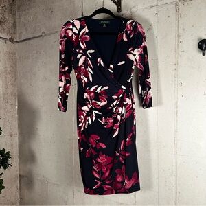 Lauren Ralph Lauren‎ black floral printed wrap midi dress size 8P NWOT